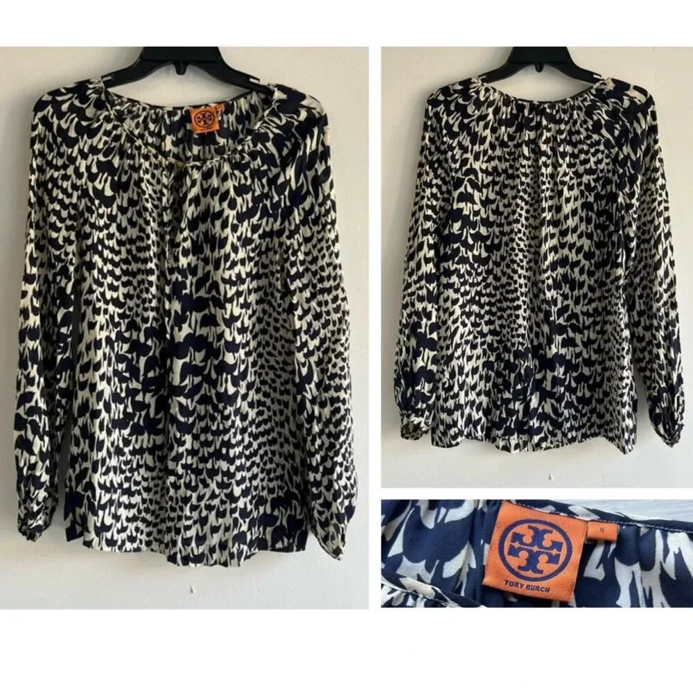 Tory Burch Bird Print Long Sleeve Keyhole Neck Blouse Top Navy Tan 22146